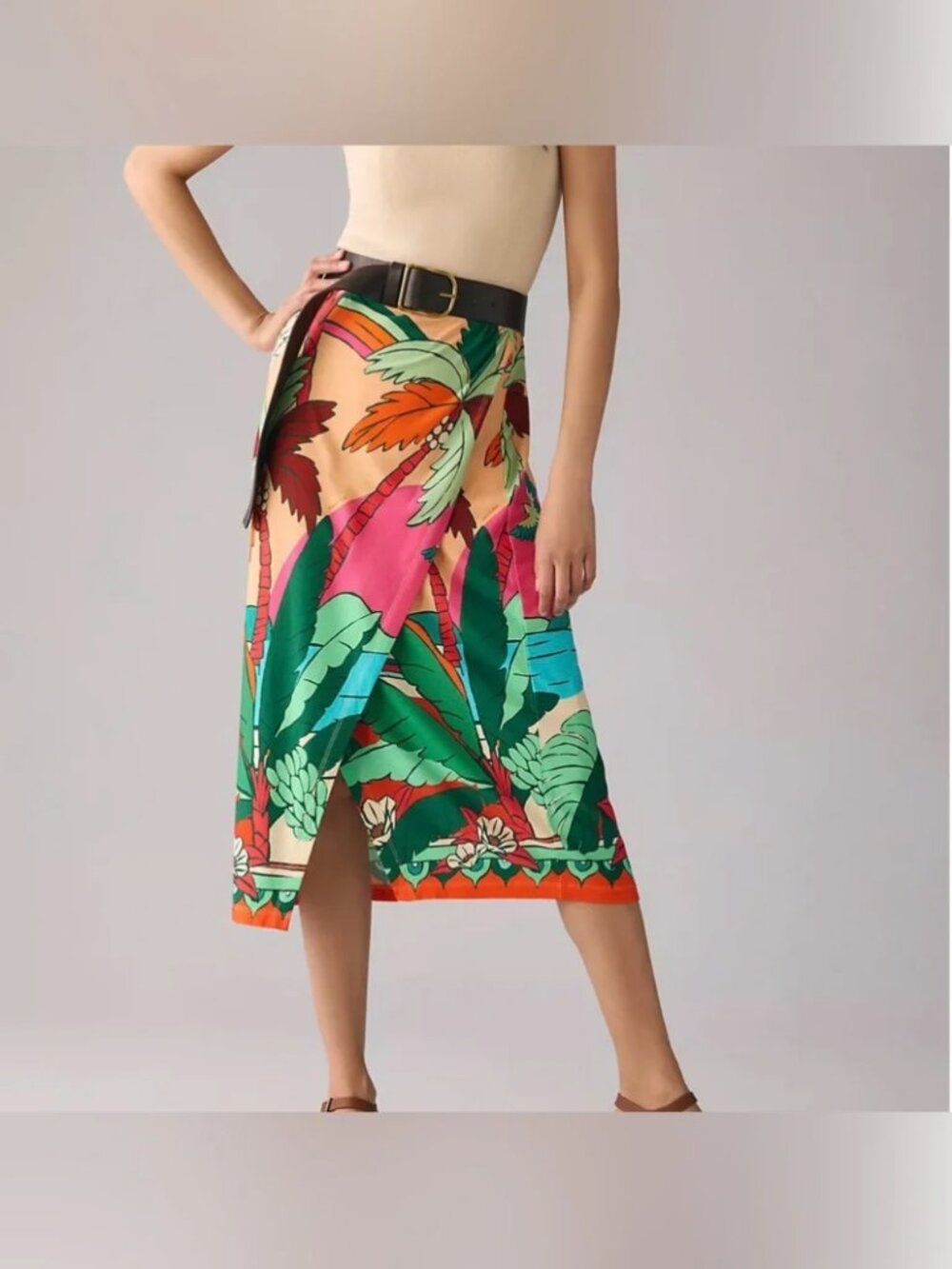 Farm Rio Anthropologie midi stretchy skirt tropical print birds palm tree size L